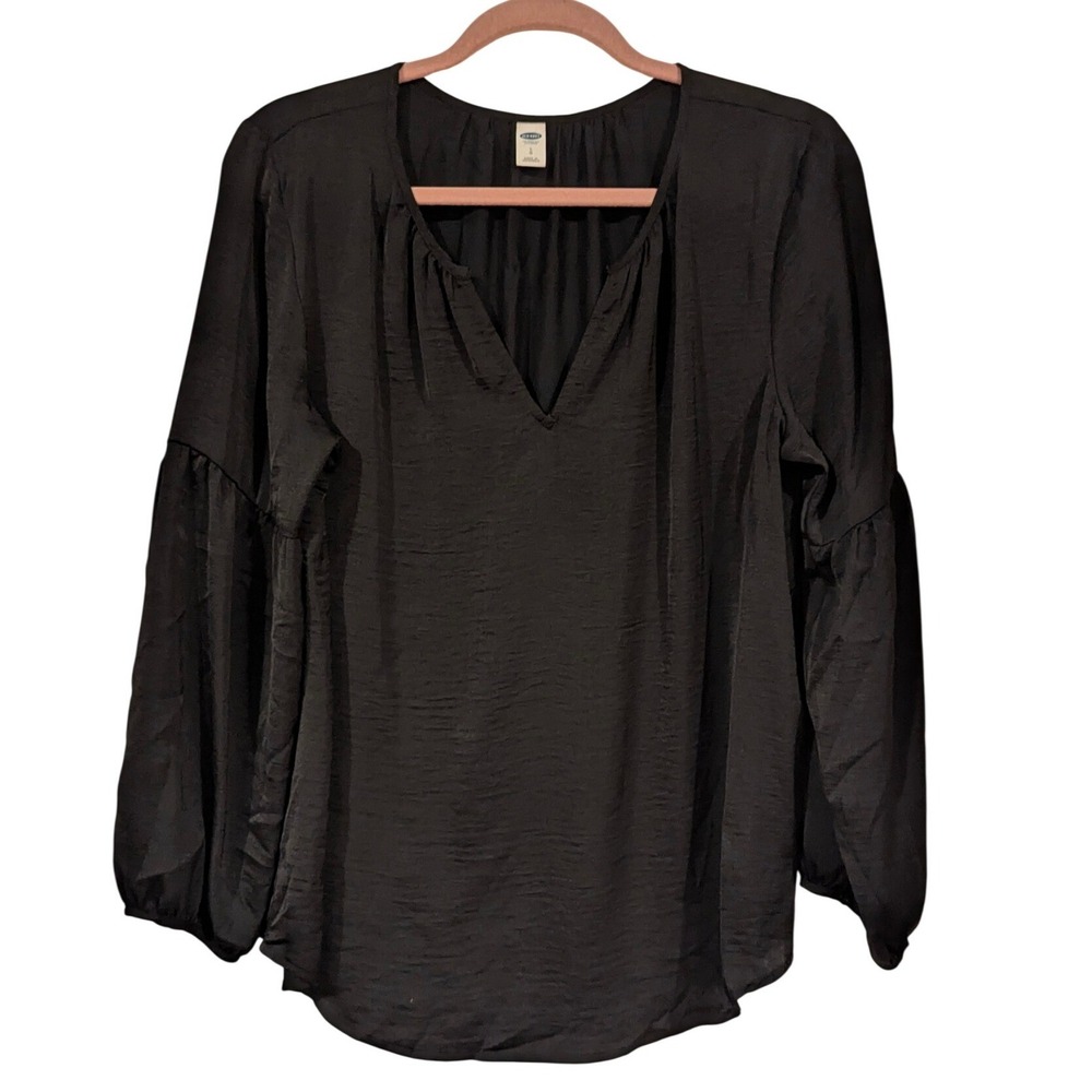 Old Navy Blouse Large Black Balloon Sleeve V-Neck Satin Finish Peasant Top